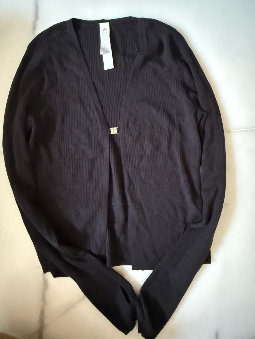 Alo Black Ribbed Open Cardigan with Decorative Clasp